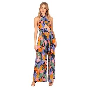 Petal & Pup LeLe Halter Wide Leg Jumpsuit Tropical Print Size Large EUC